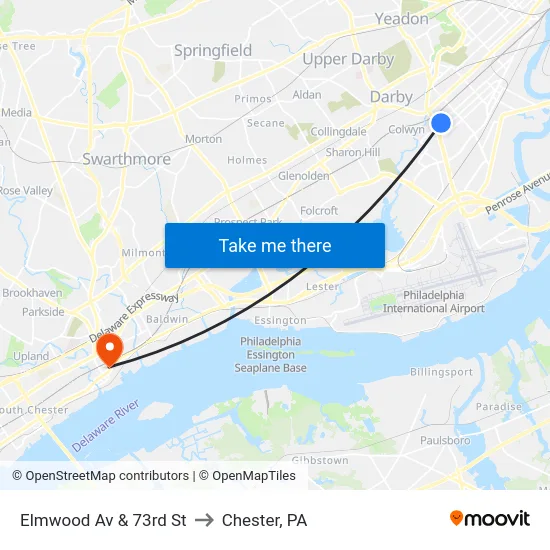Elmwood Av & 73rd St to Chester, PA map