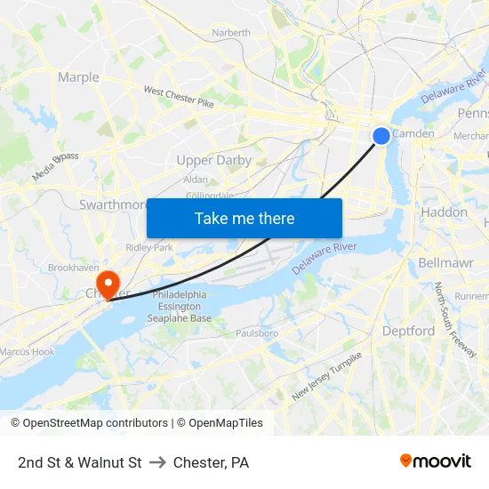 2nd St & Walnut St to Chester, PA map