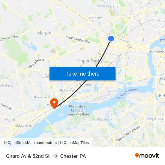 Girard Av & 52nd St to Chester, PA map