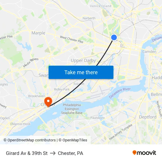 Girard Av & 39th St to Chester, PA map