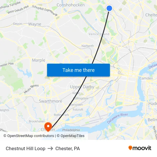 Chestnut Hill Loop to Chester, PA map