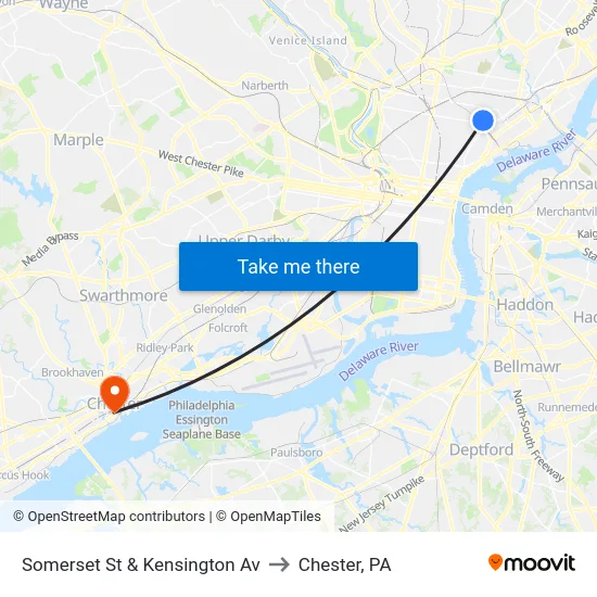 Somerset St & Kensington Av to Chester, PA map
