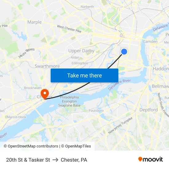 20th St & Tasker St to Chester, PA map