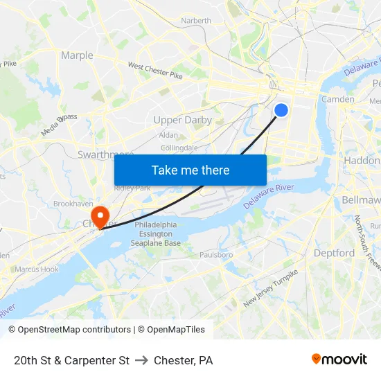 20th St & Carpenter St to Chester, PA map