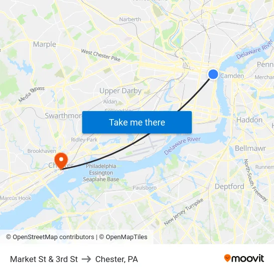 Market St & 3rd St to Chester, PA map