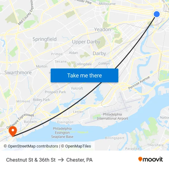 Chestnut St & 36th St to Chester, PA map