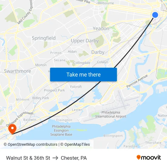 Walnut St & 36th St to Chester, PA map