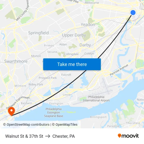 Walnut St & 37th St to Chester, PA map