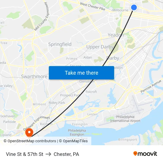 Vine St & 57th St to Chester, PA map