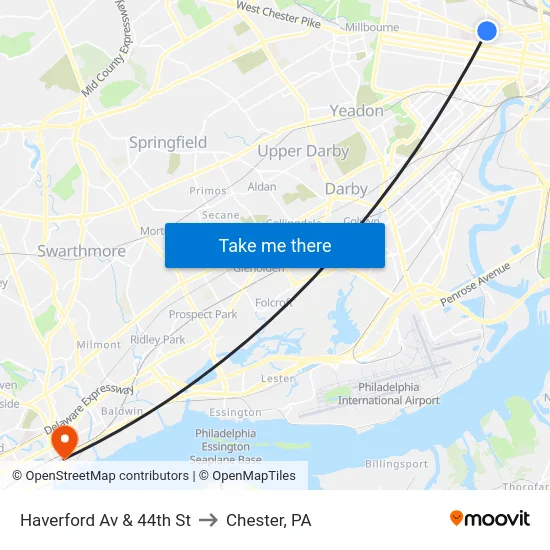 Haverford Av & 44th St to Chester, PA map