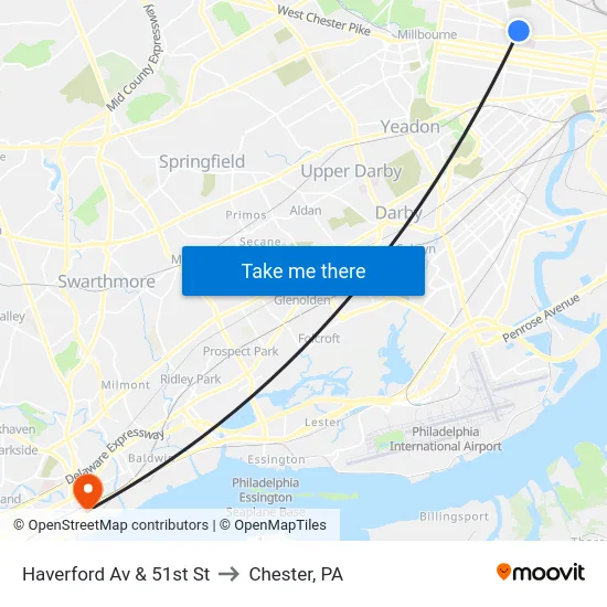 Haverford Av & 51st St to Chester, PA map