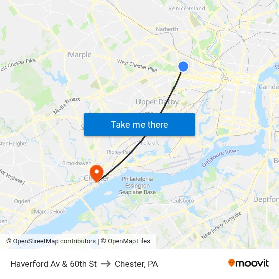 Haverford Av & 60th St to Chester, PA map