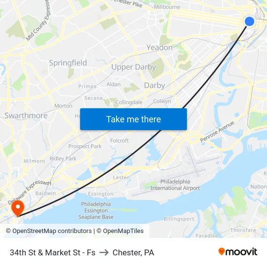 34th St & Market St - Fs to Chester, PA map