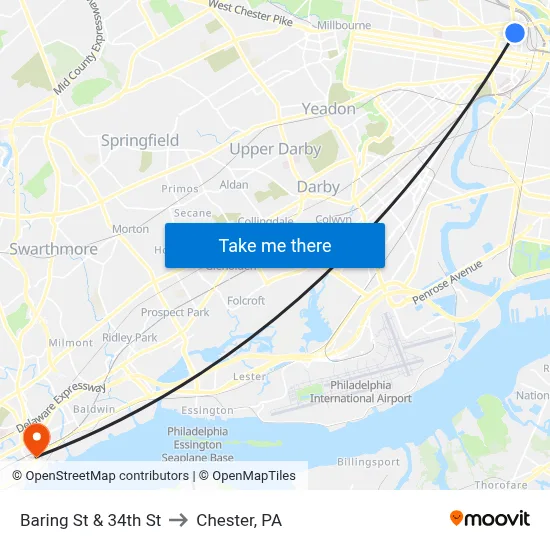 Baring St & 34th St to Chester, PA map
