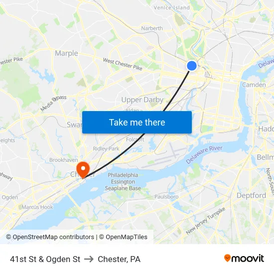 41st St & Ogden St to Chester, PA map