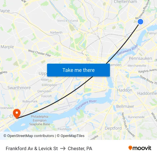 Frankford Av & Levick St to Chester, PA map