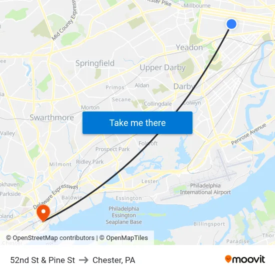 52nd St & Pine St to Chester, PA map