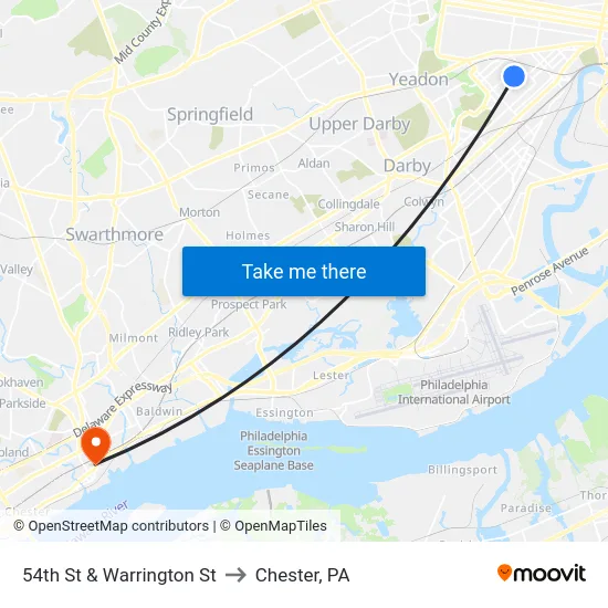 54th St & Warrington St to Chester, PA map