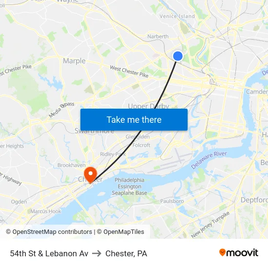 54th St & Lebanon Av to Chester, PA map