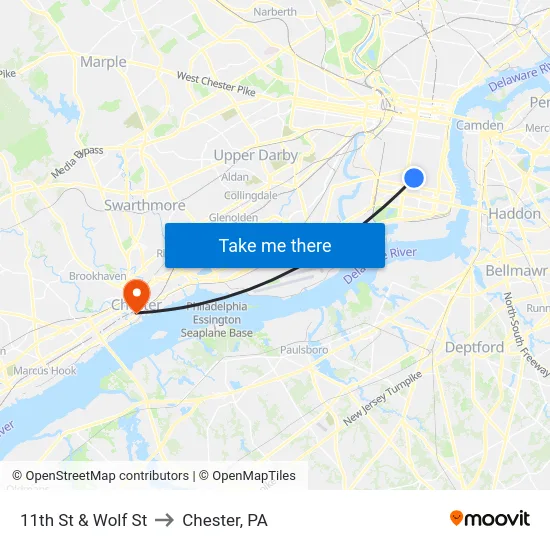 11th St & Wolf St to Chester, PA map