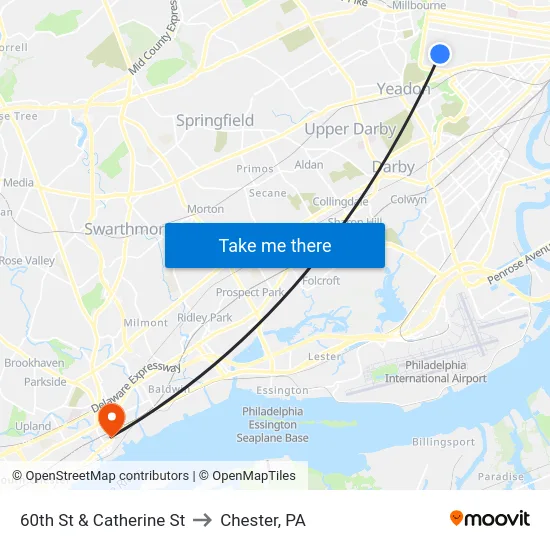 60th St & Catherine St to Chester, PA map