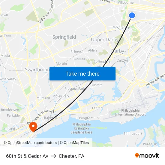 60th St & Cedar Av to Chester, PA map