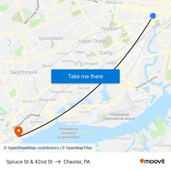 Spruce St & 42nd St to Chester, PA map