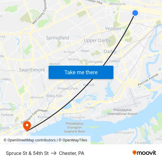 Spruce St & 54th St to Chester, PA map