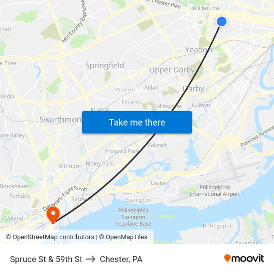 Spruce St & 59th St to Chester, PA map