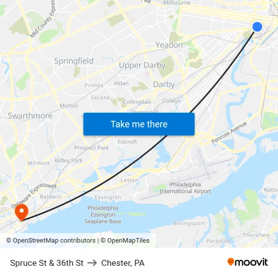 Spruce St & 36th St to Chester, PA map
