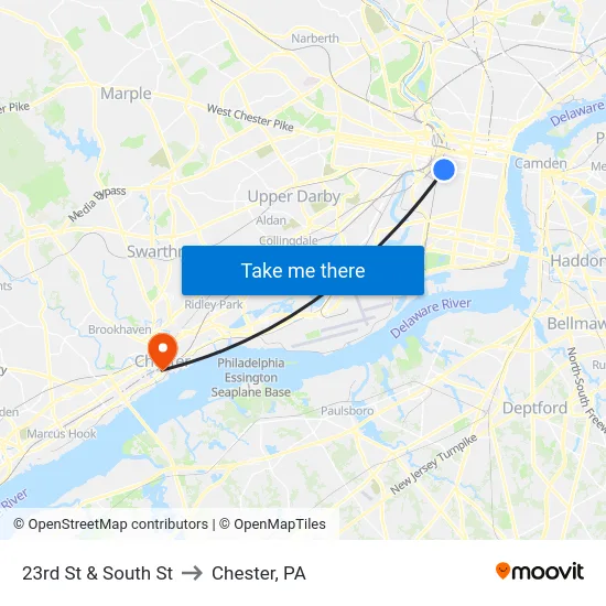 23rd St & South St to Chester, PA map