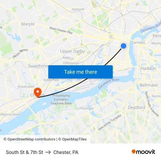 South St & 7th St to Chester, PA map