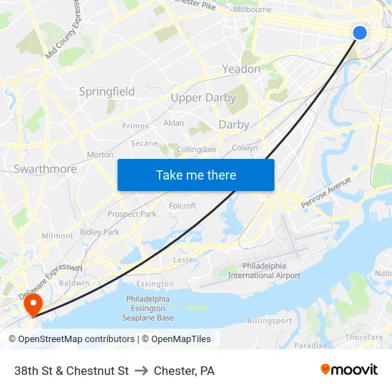 38th St & Chestnut St to Chester, PA map