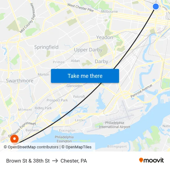 Brown St & 38th St to Chester, PA map