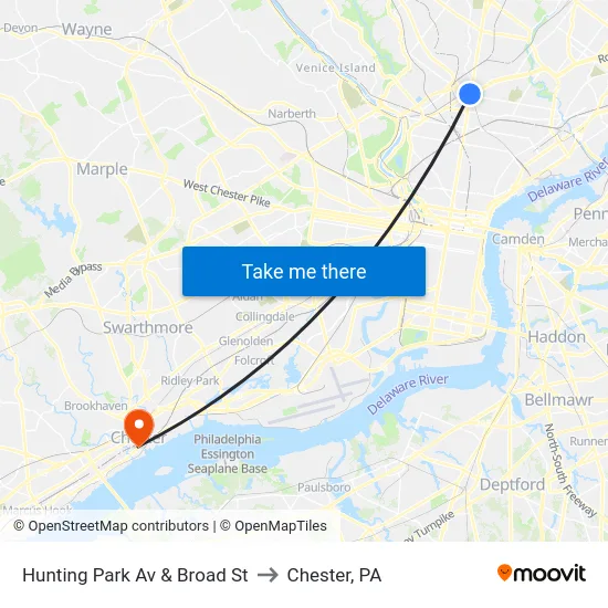 Hunting Park Av & Broad St to Chester, PA map