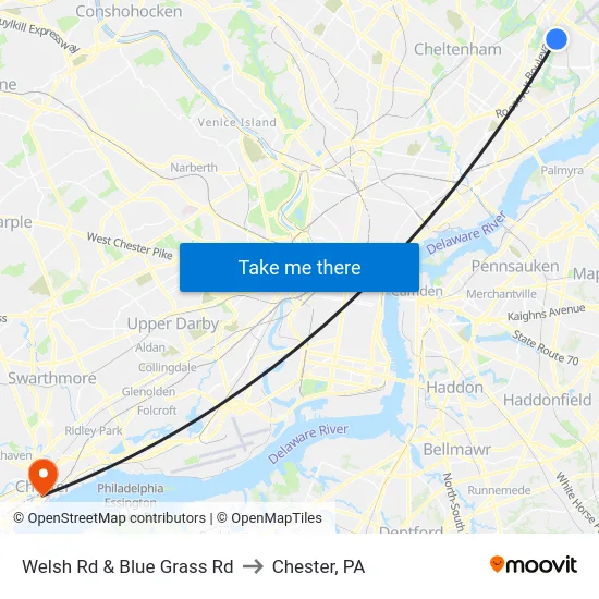 Welsh Rd & Blue Grass Rd to Chester, PA map