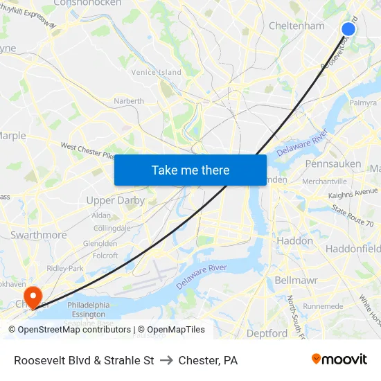 Roosevelt Blvd & Strahle St to Chester, PA map