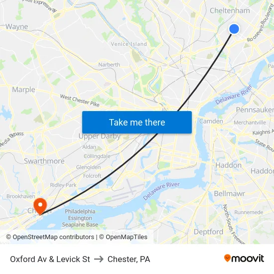 Oxford Av & Levick St to Chester, PA map