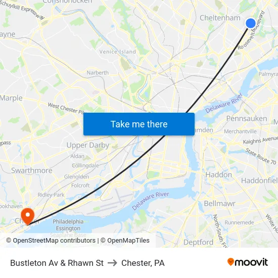 Bustleton Av & Rhawn St to Chester, PA map