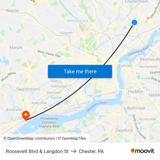 Roosevelt Blvd & Langdon St to Chester, PA map