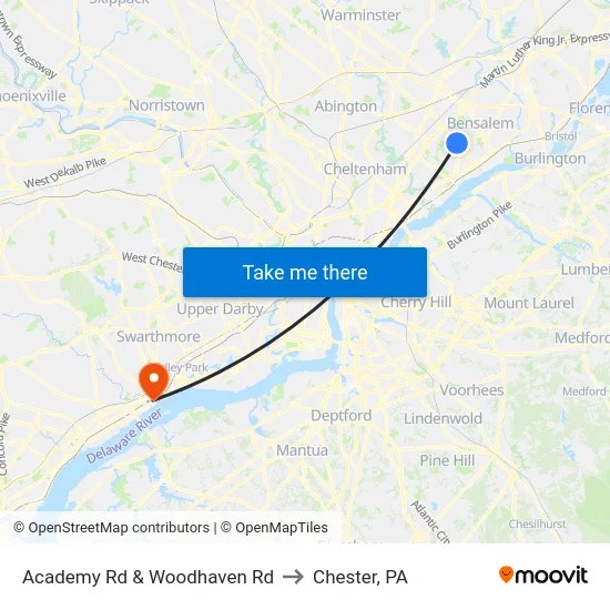 Academy Rd & Woodhaven Rd to Chester, PA map