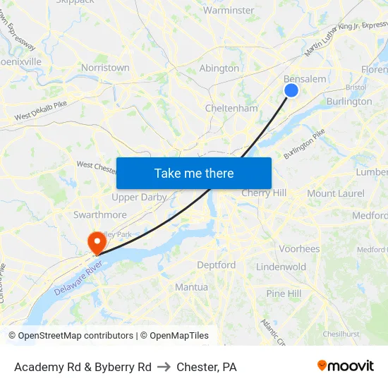 Academy Rd & Byberry Rd to Chester, PA map