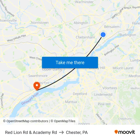 Red Lion Rd & Academy Rd to Chester, PA map