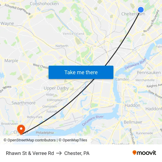 Rhawn St & Verree Rd to Chester, PA map
