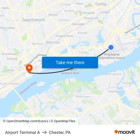 Airport Terminal A to Chester, PA map