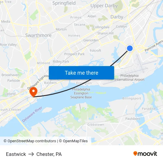 Eastwick to Chester, PA map