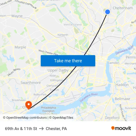 69th Av & 11th St to Chester, PA map