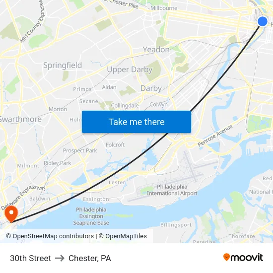 30th Street to Chester, PA map