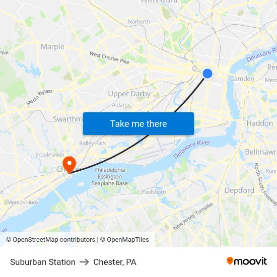 Suburban Station to Chester, PA map