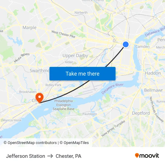 Jefferson Station to Chester, PA map